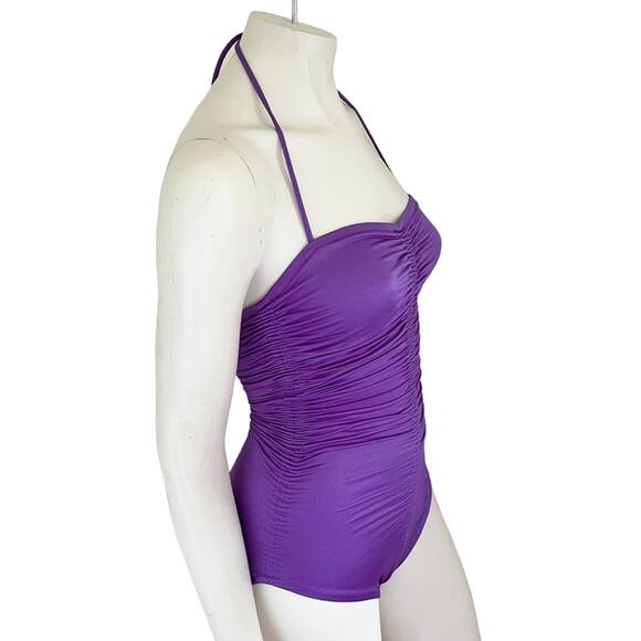 VTG 50s DE WEESE DESIGN Halter Tie Ruched One Piece Swimsuit in Purple SZ 6 - Picture 6 of 12